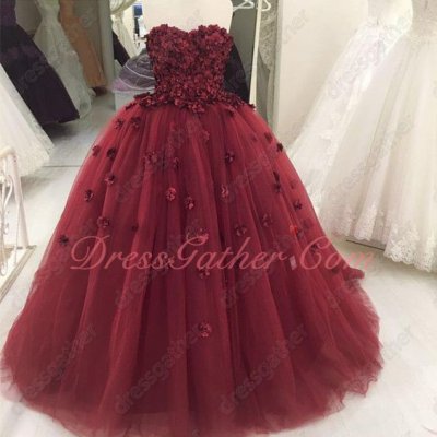 Popular Color Burgundy Handmade 3D Flolwers Quinceanera And Her Court Cheap