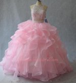 Blush Pink High Collar Two-Pieces Ball Gown Waterfall Ruffles Flexible Horsehair Hem