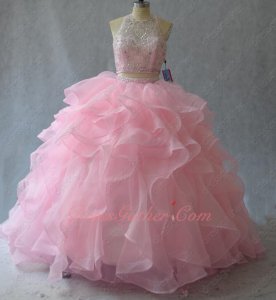 Blush Pink High Collar Two-Pieces Ball Gown Waterfall Ruffles Flexible Horsehair Hem