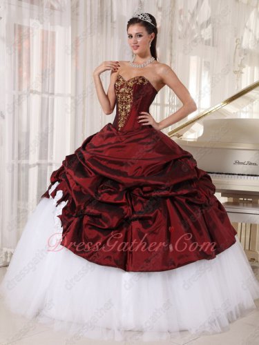 Burgundy Taffeta Overlay Flat Pure White Tulle/Mesh Quinceanera Court Gown