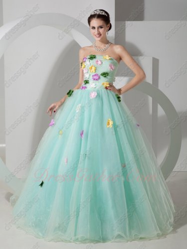 Princess Palest Light Mint Green Tulle/Mesh Fairy Prom Ball Gown Colorful Flowers