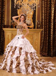 White Silk-Like Satin And Leopard Printed Mixed Ruffle Skirt Quinceanera Dress Train