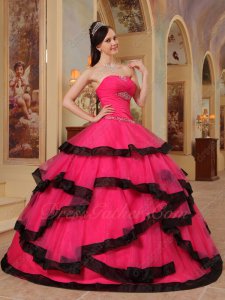 Simple Corset Back Crossed Hot Pink Layers With Black Bordure Princess Ball Gown