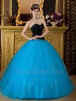 Black V-Shaped Basque and Azure Blue Plain Bottom Quinceanera Gowns Dresses AR