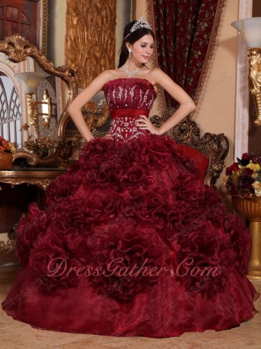 Basque Waist Burgundy Rolled Organza Flowers Skirt Quinceanera Ball Gown Casual