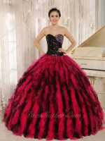 Black and Coral Mingled Circular Ruffles Pretty Military Evening Ball Gown