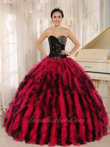 Black and Coral Mingled Circular Ruffles Pretty Military Evening Ball Gown