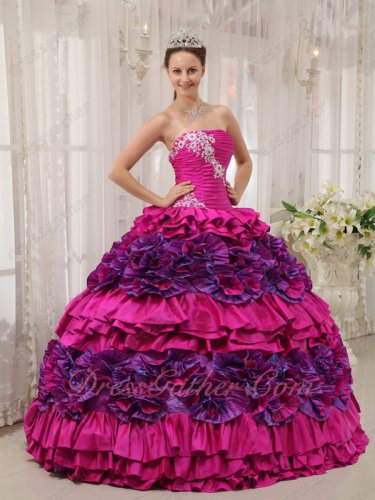 Strapless Fuchsia and Purple Rolling Flowers Cake Skirt Quinceanera Dress Cheap