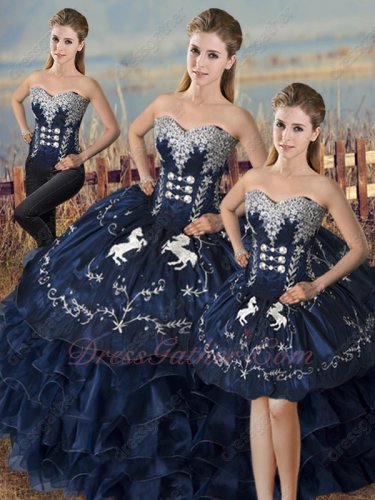 Navy Satin and Organza Waterfall Quinceanera Gown Embroidery Horse/Fastener Detachable