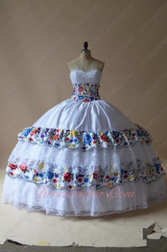Western Colorful Flowers Embroidery and Lace White Quinceanera Ball Gowns Stage Dancing