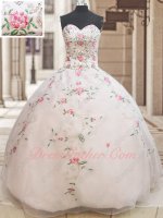 White Organza Maid Quinceanera Ball Gown Exquisite Rose Pink Embroidery Colorful