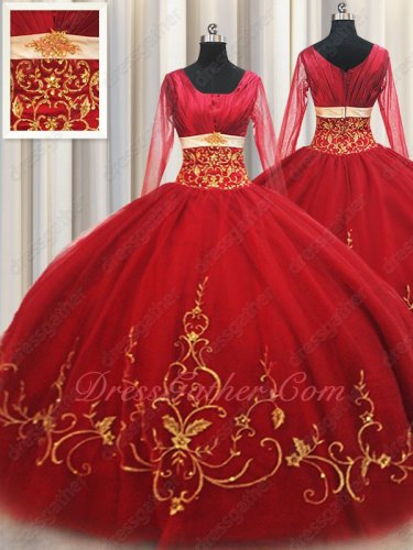 Red With Gold Embroidery Quinceanera Ball Gown Square Long Sleeves Traditional