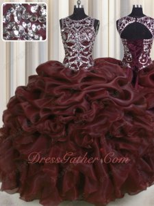 Deepest Burgundy Organza Bubble Wave Ruffle Pretty Quinceanera Ball Gown Silver Beading