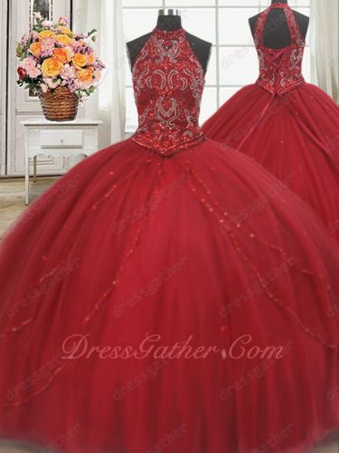 High Halter Flat Tulle Cathedral Train Wine Red Quinceanera Ball Gown Buyers Show