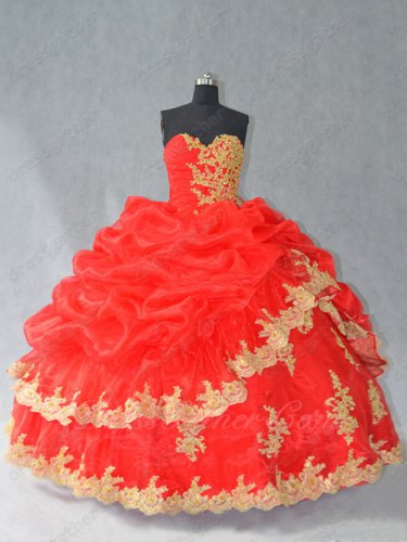 Discount Red Organza Bubble Bluging Quinceanera Ball Gown With Gold Lacework Appliques