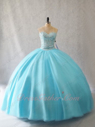 Full Clear Crystals Blouse Multiayers Tulle Adult Quince Ceremony Ball Gown Ice Blue