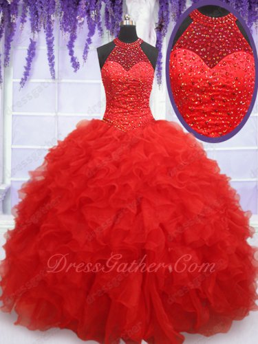 High Collar Halter Red Organza Ruffles Military Ball Gown Bustle Party Performance