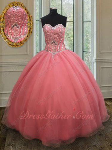 Watermelon Full Silver Beadwork Basque Quinceanera Gown Dress Clearance Price
