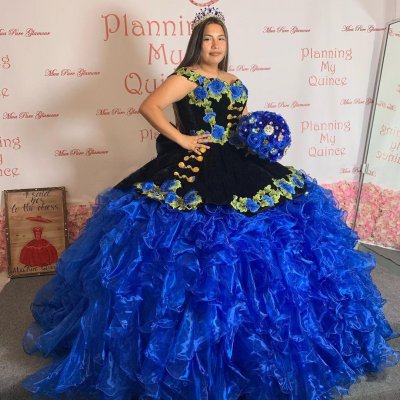 Pretty Latin Girl Off Shoulder Royal Blue and Black Quinceanera Vestido Dress 3D Flowers