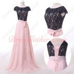 Homelike Black Lace Bodice Pink Chiffon Long Private Dress With Ribbon