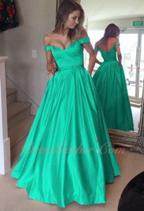 Off Shoulder Turquoise Puffy Satin Formal Military Prom Dress Has Pockets