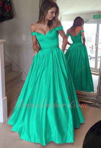 Off Shoulder Turquoise Puffy Satin Formal Military Prom Dress Has Pockets