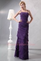 Spaghetti Straps Crossed Back Column Oblique Layers Eggplant Chiffon Formal Prom Dress