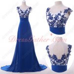Off White Bodice & Royal Blue Appliques Skirt Contrast Color Old Lady Prom Dress