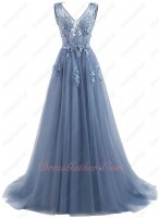 Beautiful 3D Appliques Dust Haze Blue Grey Prom Evening College Social 2023 Trend