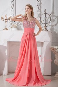 Classical Beaded A-line Watermelon Chiffon Bustle Gathering Prom Dress Suitable