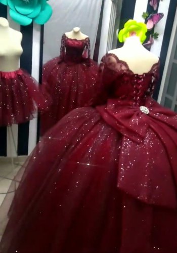 Off Shoulder Long Sleeves Burgundy Sparkle Tulle 3 Pieces Detachable Quinceanera Dress With Bow