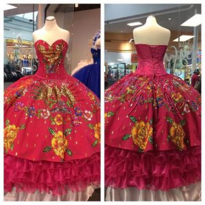 Sweetheart Neck Charro Embroidery Flowers Fuchsia Quinceanera Dress and Ruffles