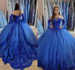 Stunning Detachable Flared Sleeves Shimmery Applique Royal Blue Quinceanera Dress