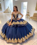 Charra Medal Medallions Deep Royal Blue and Gold Quinceanera Dresses Layers