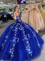 Scanttered Little 3D Flowers Royal Azure Blue Off Shoulder Quince Sweet 15 Ball Gown