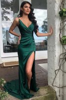 Pretty Spaghetti Strap Ruched Waistline Deep Green Prom Evening Dress With Slit