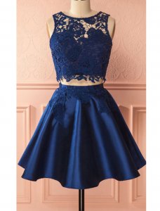 Leaves Pattern Lace Decorated Navy Blue 2 Pieces Cocktail Dress Sexy Dancing Night Pub Dress