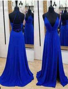 Charming Spaghetti Straps Deep V Neck Draped Split Skirt Evening Party Dress Royal Blue