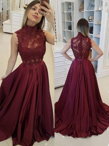 Gorgeous High Neck Button Accented Back Brush Train Burgundy Evening Ball Gown Pageant Dress