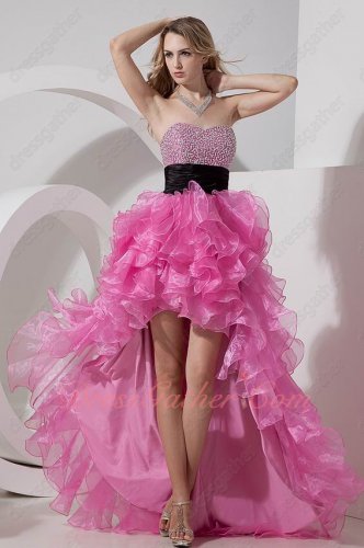 Hot Rose Pink High Low Asymmetrical Length Ruffles Special Occasion Prom Gowns