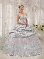 Shiny/Flaring Silver Half Bubble Overlay Half Ruching Quinceanera Party Gown