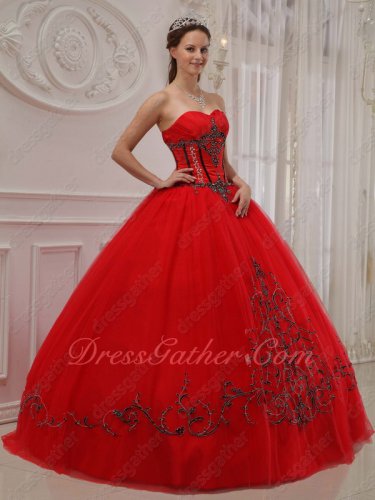 Trimed Dull Red A-line Quince Outfits Ball Gown With Elaborate Handwork Embroidery