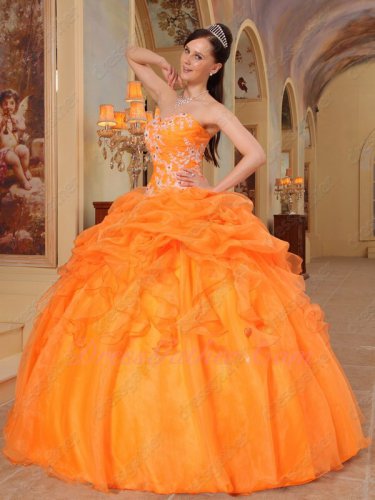 Bright Orange Bubble/Ruffles Organza Overlay Sweet 16 Quince Gown Juniors