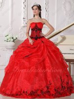Factory Direct Quince/Military Ball Gown Scarlet Red Organza With Black Embroidery