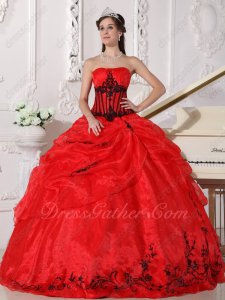 Factory Direct Quince/Military Ball Gown Scarlet Red Organza With Black Embroidery