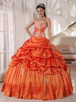 Inexpensive Applique Tops Coat Bright Orange Taffeta Quinceanera Ball Gown Bubble
