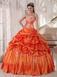 Inexpensive Applique Tops Coat Bright Orange Taffeta Quinceanera Ball Gown Bubble