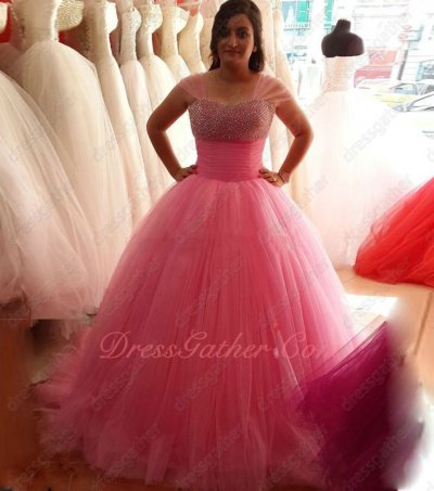 Teenage Most Choice Pink Gauffer Waist Fluffy Ruched Tulle Ball Gown For Quince Dance