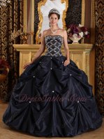 Deep Navy Blue Picks-up Bubble Taffeta Puffy Quinceanera Ball Gown Silver Embroidery