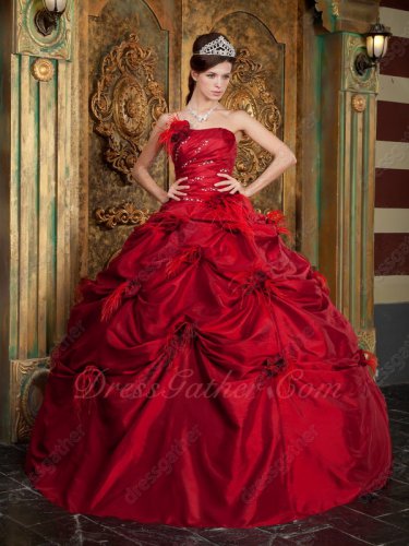 Strapless Dull Dark Red Quinceanera Wear Ball Gown With Feather Flowers